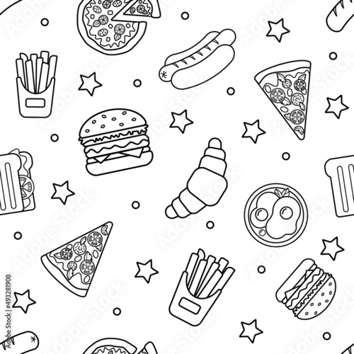 Seamless pattern of Simple black and white icons fast food. Hamburger, hot dog, French fries, pizza, croissant. Street food logo for menus, banners, packaging. Vector illustration   
