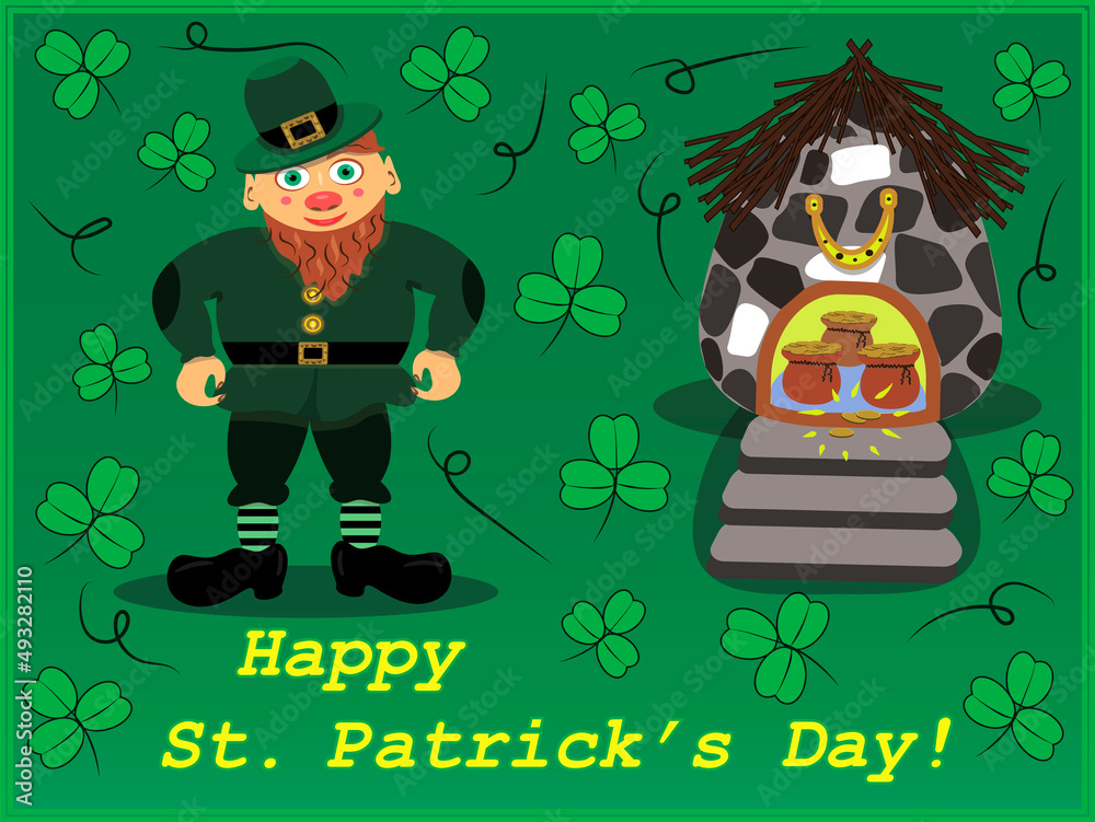 Fototapeta premium Saint Patrick's day card with leprechaun and a house of treasure