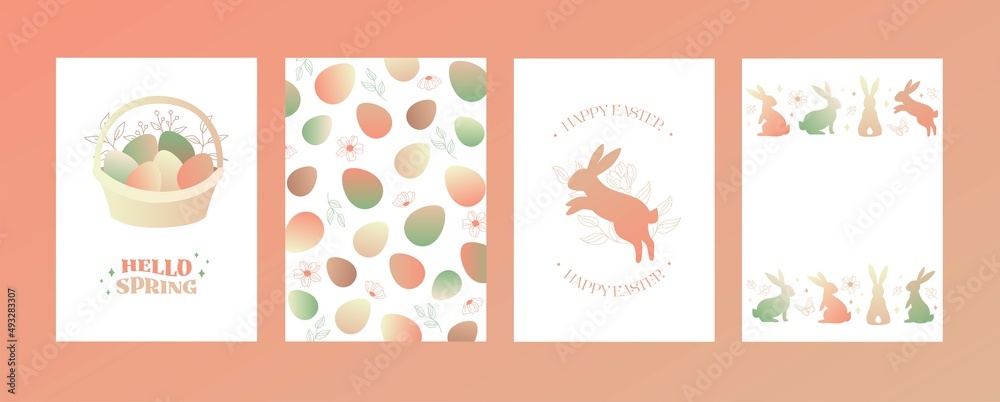 Happy Easter card. Spring greeting card. Cute easter egg, flowers, bunny and leaves. Vector flat cartoon illustration. Trendy design for social media, poster, print, card, invitation, greeting, tag