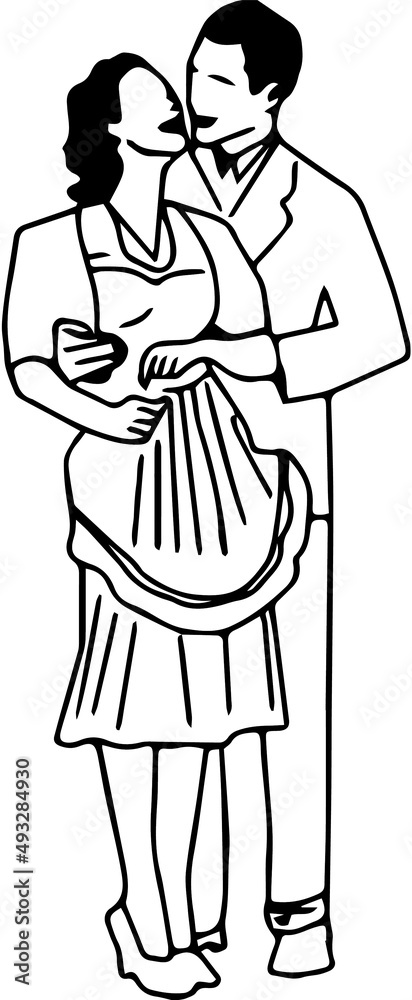 Line art illustration of house wife and husband doing romance, Love couple Outline Sketch drawing Line art illustration of house wife and husband doing romance, Love couple Outline Sketch drawing