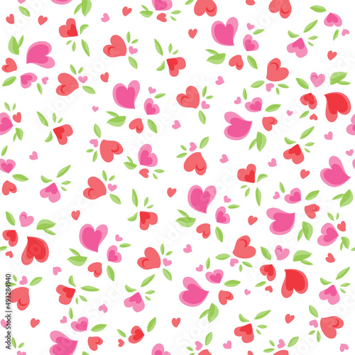 Hearts Valentine Pattern. Romantic pattern. Vector illustration. Seamless pattern with hearts for Valentine's Day design. Decorative backdrop with hearts, and leaves. Holiday texture.