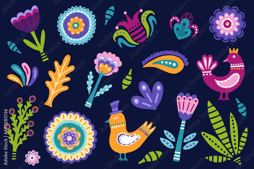 Obraz Folk art elements on dark background. Beautiful colorful cartoon floral collection with leaves, flowers, plants and birds.