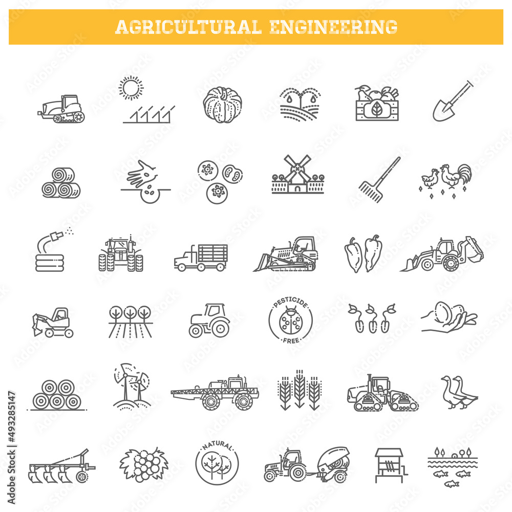 Agricultural and farming machines vector icons set