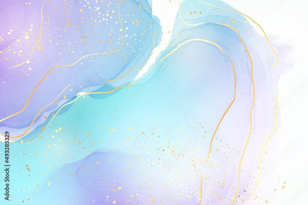 Violet cyan blue liquid watercolor background with golden stains. Teal mauve purple marble alcohol ink drawing effect. Vector illustration design template for wedding invitation, menu, rsvp
