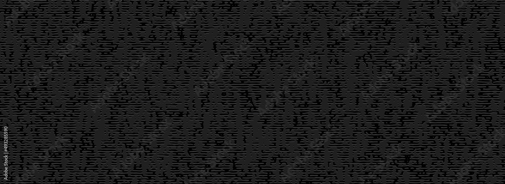 Fototapeta premium Geometric 3d pattern of abstract lines and stripes, embossed black background, grunge texture, modern art deco style. Actual theme for the design of a banner, cover, wallpaper, website, flyer, book.