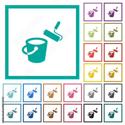 Paint bucket and paint roller flat color icons with quadrant frames