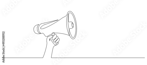 One continuous line drawing of public horn speaker. Megaphone symbol of marketing promotion in simple linear style. Business concept for attention, hiring and job offer. Doodle vector illustration