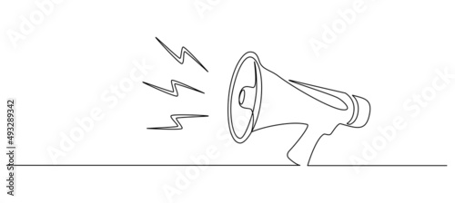 One continuous line drawing of public horn speaker. Megaphone icon of marketing promotion in simple linear style. Business concept for attention and job offer. Doodle vector illustration