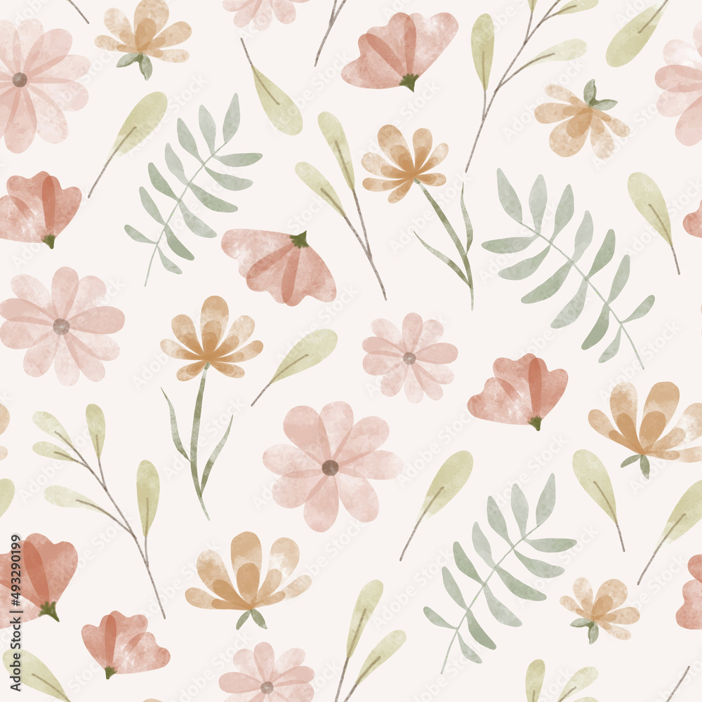 Floral summer seamless pattern with sweet peas, daisies wildflowers. Watercolor hand drawn isolated illustration border, meadow or floral background for your design.