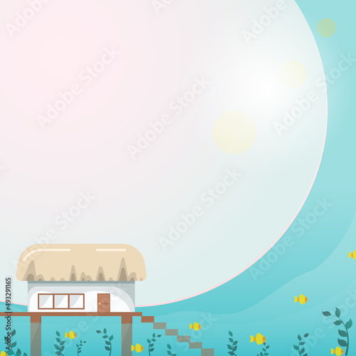 asian house bungalow water background fish summer sea ocean beach text frame banner rest relax vocation