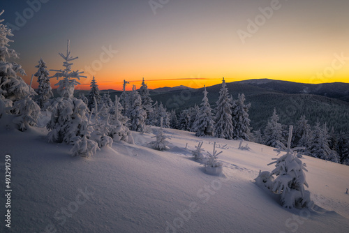 Fototapeta Naklejka Na Ścianę i Meble -  A frosty winter morning in Beskid Żywiecki. Views of the Tatra Mountains and Mala Fatra.