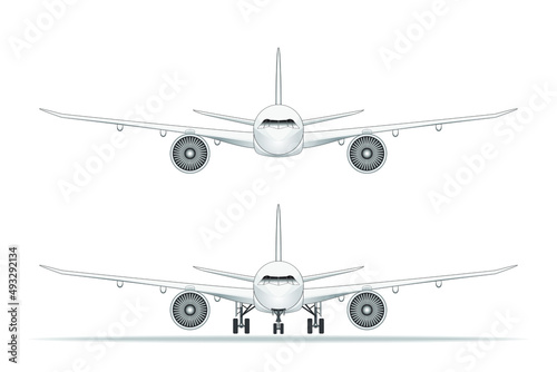 Line art vector of front view passenger or commercial or cargo jet plane flying landing or take off