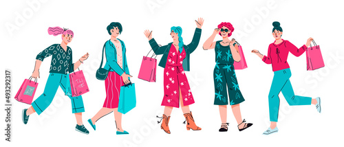 Women doing shopping  flat vector illustration on a white background. Happy cheerful buyers female characters. Seasonal sale  discount and store promotion.