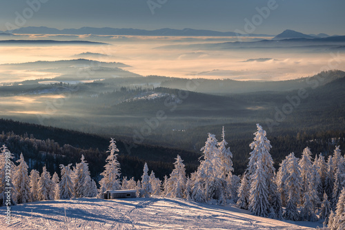 Fototapeta Naklejka Na Ścianę i Meble -  A frosty winter morning in Beskid Żywiecki. Views of the Tatra Mountains and Mala Fatra.