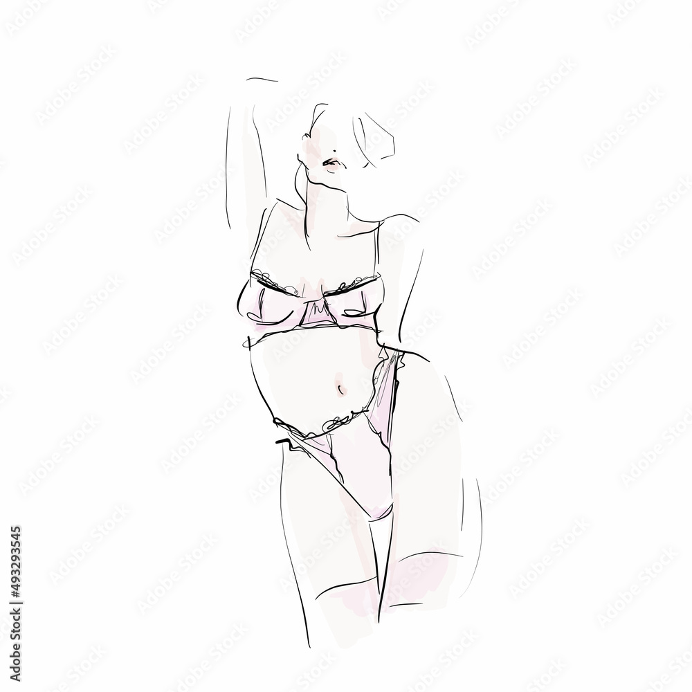 Young woman in lingerie. Female slender body. Hand drawn illustration, sketch. Vector Young woman in lingerie. Female slender body. Hand drawn illustration, sketch. Vector