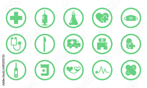 Pacote de ícones relacionados á saúde e medicamentos. photo