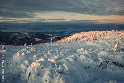 Fototapeta Naklejka Na Ścianę i Meble -  Winter sunset seen from Pilsko in Beskid Żywiecki. Beautiful views of the Tatras and the Mala Fatra massif, bathed in golden light.