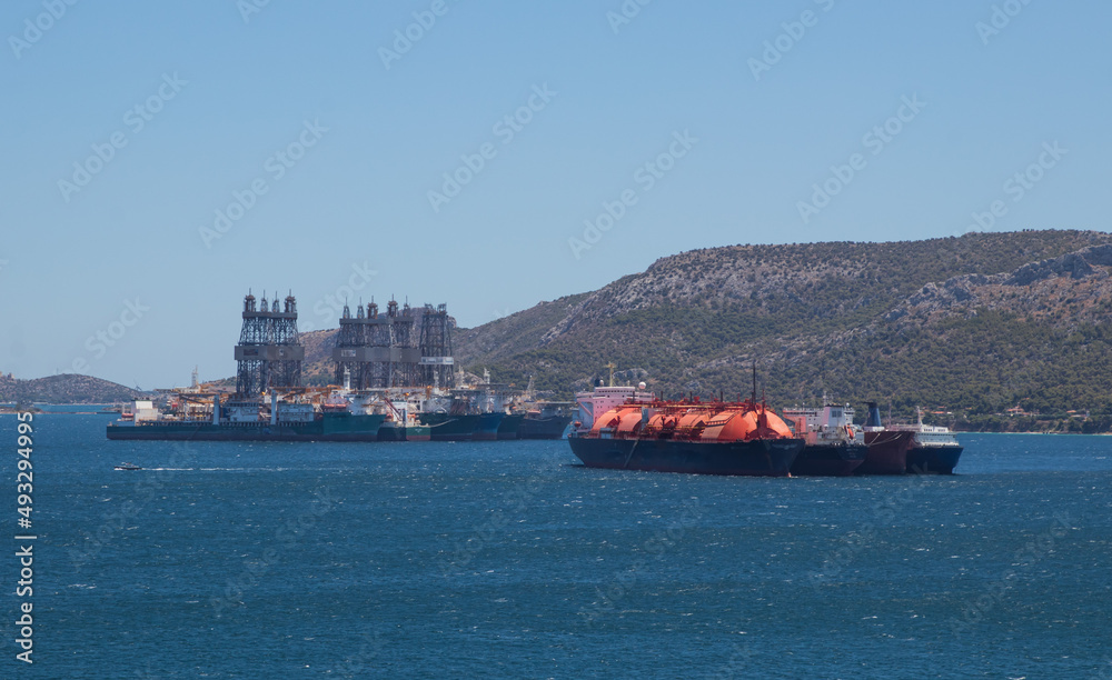 Oil, Chemical LPG tanker ship,  oversea transportation. Aerial view of oil and gas petrochemical tanker, refinery industry cargo ship. Fuel for global transport, Greece