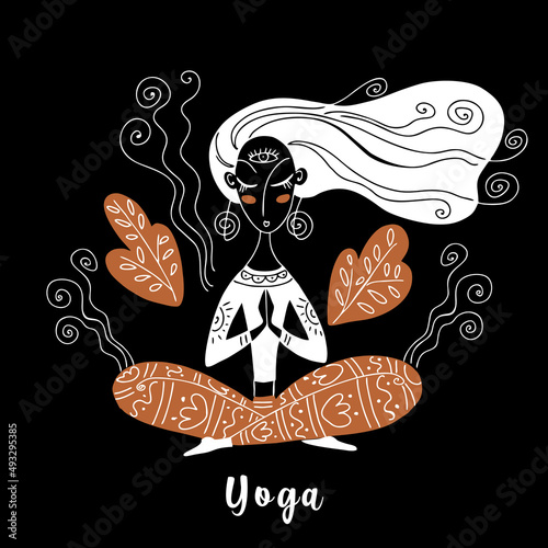 The girl does yoga. Om. Meditation. Yoga positions. Namaste. Vector.