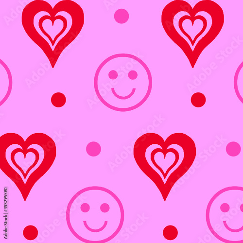 2000s lovely pink and red pattern with polka dot, heart and smiley face on pink background