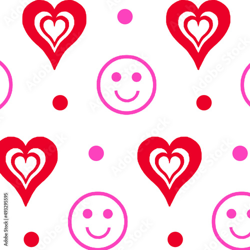 2000s lovely pink and red pattern with polka dot, heart and smiley face on white background