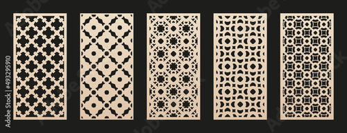 Laser cutting template. Vector set with floral geometric pattern, abstract grid, mesh. Oriental style design. Template for cnc cutting, decorative panels of wood, metal, paper. Aspect ratio 1:2