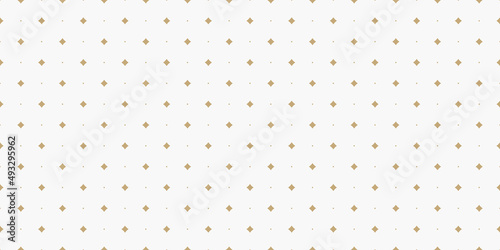 Golden minimal vector seamless pattern with small diamond shapes, stars, rhombuses, dots. Simple wide geometric background. Abstract minimalist gold and white texture. Luxury repeat design for decor