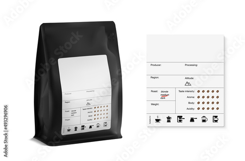 Realistic coffee bag mockup with label. The set helps to present coffee. Suitable brewing methods for your coffee blend. Can be used on packaging, advertising, promo, etc. EPS10.	