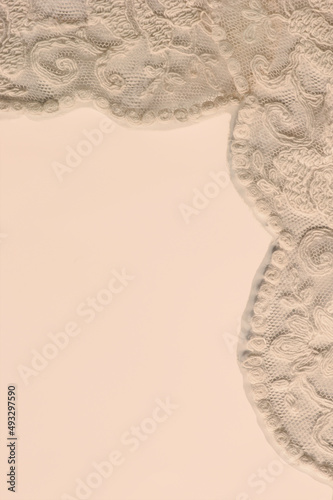 This is a border of Madeira lace in beige with space for text. Border covers right top corner and edges. Lacey, feminine, delicate and intricate old pattern with large scallops.