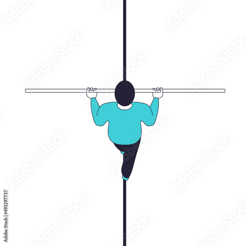Rope walker with a stick in his hands. The man is walking on a tightrope, above view.