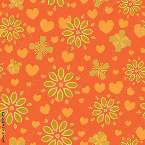 Bright summer floral pattern with hearts. Seamless vector background © Svetlana Rusinova