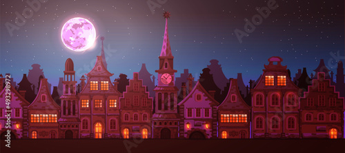 Traditional European old town.Town hall, chapel, beautiful houses, city street. Night city, moon. Vector cartoon landscape with ancient buildings