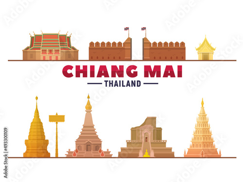 Chiang Mai Thailand top landmarks in white background. Vector Illustration. Business travel and tourism concept with modern buildings. Image for banner or web site.
