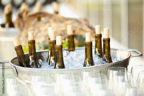 White wine bottles in ice bucket