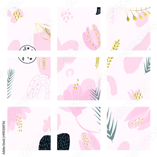 Creative vector set of nine cover design pictures for Instagram story template, social media posts, stories, collections of editable backgrounds with abstract pink golden, green spots on light.