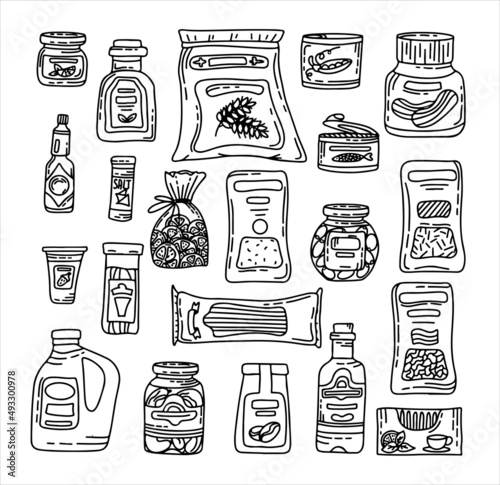 Vector doodle grocery store products. Hand drawn scetch icons. Food and drink. Natural canned, bakery and cereal products