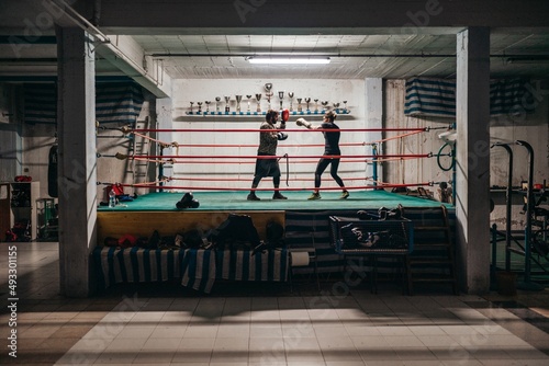 Determined boxers training in ring