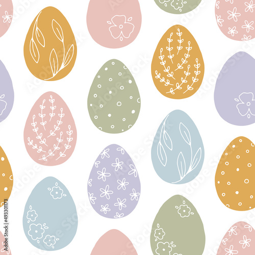 Festive seamless pattern with Easter eggs and floral elements. Hand drawn vector background for spring holidays and Easter design. Cute pastel illustration in flat style