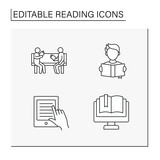 Reading line icons set. Read books at park, e-book. Reading concept. Isolated vector illustrations. Editable stroke