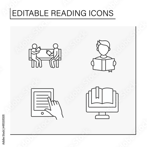 Reading line icons set. Read books at park, e-book. Reading concept. Isolated vector illustrations. Editable stroke