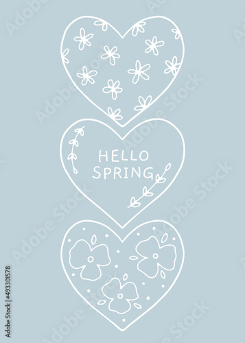 Simple greeting card with hand drawn hearts with floral elements in flat style. Charming spring illustration with cute heart. Vector poster for spring and Easter design. Colored vector postcard