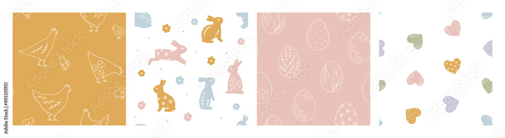 Set of Easter seamless patterns with traditional elements. Cute spring background with bunnies, eggs, chickens and floral elements. Trendy vector pattern for spring design and Easter holidays Set of Easter seamless patterns with traditional elements. Cute spring background with bunnies, eggs, chickens and floral elements. Trendy vector pattern for spring design and Easter holidays