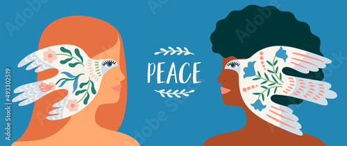 Peace. Women and dove of peace. Vector illustration. Elements for card  poster  flyer and other