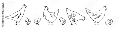 Set of line art Easter chicks with floral elements in black. Hand drawn vector collection with cute festive chickens for spring design and Easter holidays. Charming Easter traditional elements