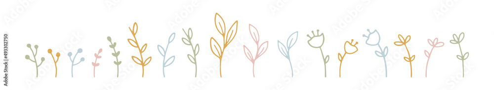 Hand drawn line art set with plants, herbs, flowers and branches in pastel colors. Floral elements for spring and summer design, romantic holidays. Cute vector botanical collection