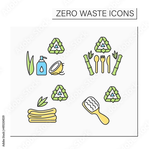 Zero waste color icons set. Trash sorting, recycling and reuse. Bamboo cutlery set, hairbrush, kitchen towels and organic soap. Isolated vector illustrations