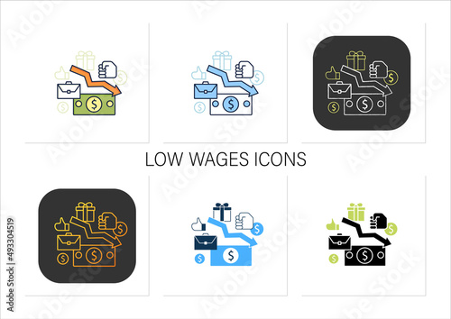 Low wages icons set. Important problem. Discouraging low wages. Less money.Universal basic income concept.Collection of icons in linear, filled, color styles.Isolated vector illustrations
