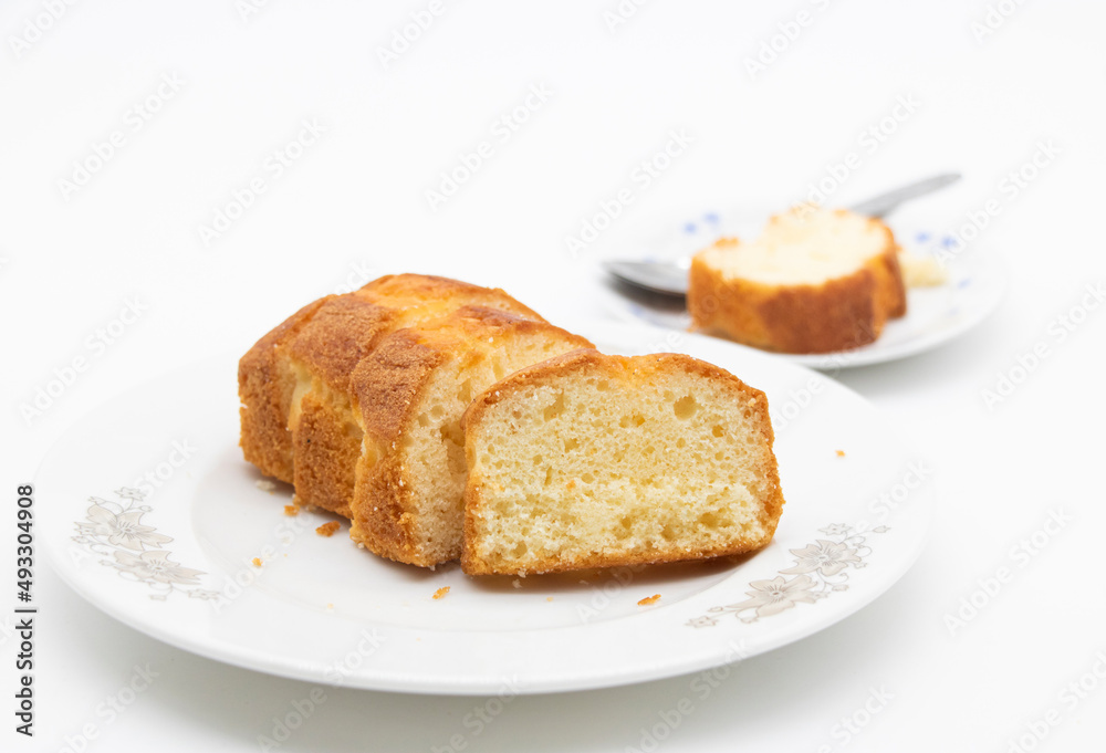 slices of freshly baked pound cake over on white background slices of freshly baked pound cake over on white background