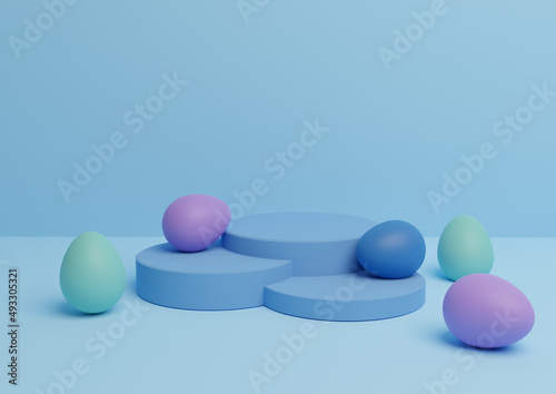 Bright, light sky blue 3D rendering of Easter themed product display podium or stand composition with colorful eggs minimal, simple for multiple products