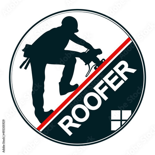 A roofer with a tool works on the roof. Symbol for a roofer. Construction and roofing